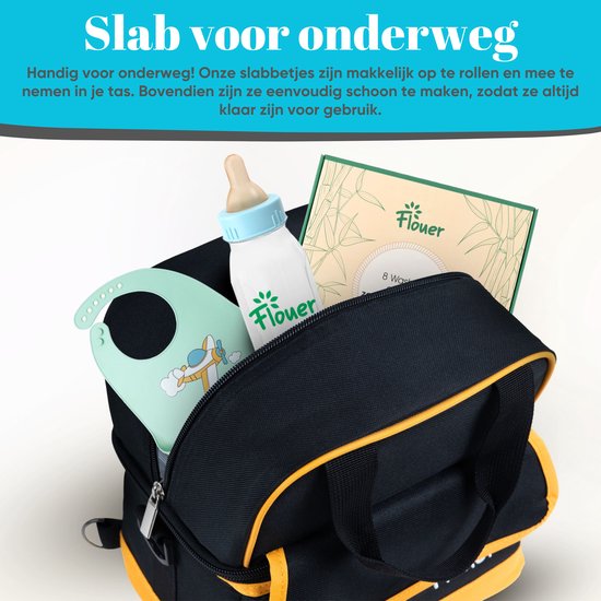 Bavoir en Siliconen Flouer avec plateau 2 pièces avec autocollant Bébé à bord - bavoir - bavoirs Bébé - bavoir - Bavoirs Bébé - sans BPA - jaune et Blauw