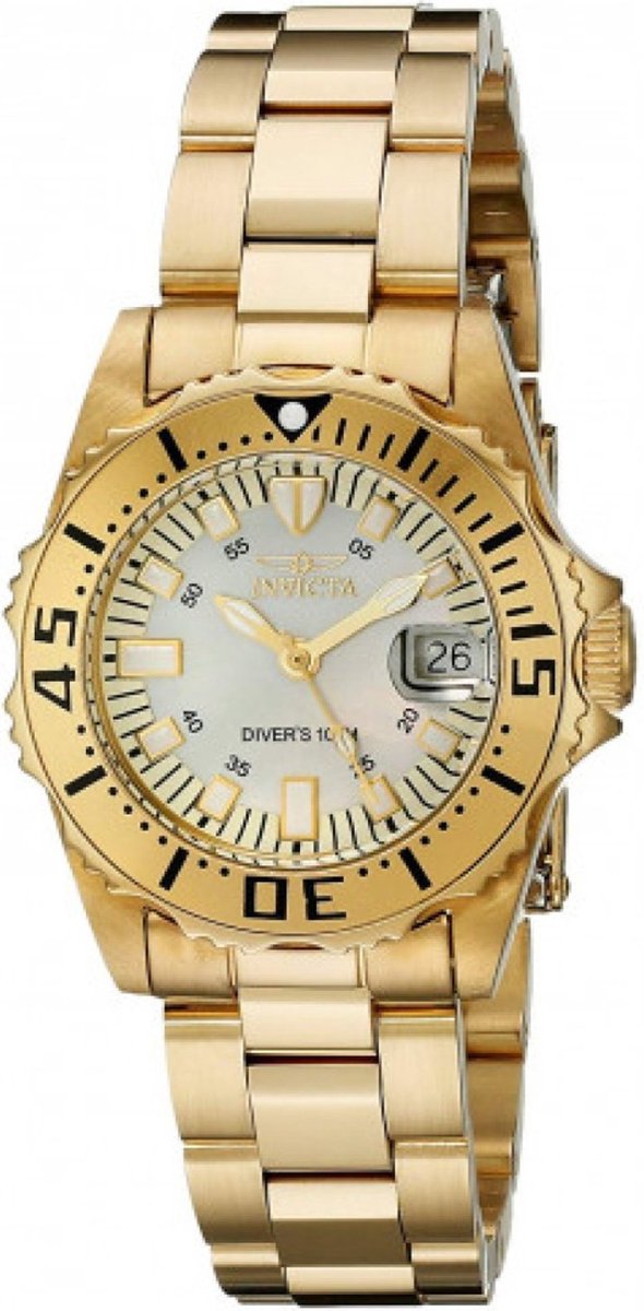 Invicta Pro Diver 2963 Dames Horloge - Waterdicht - Analoog - Quartz Uurwerk - Roestvrij Staal met gouden Wijzerplaat - 30mm