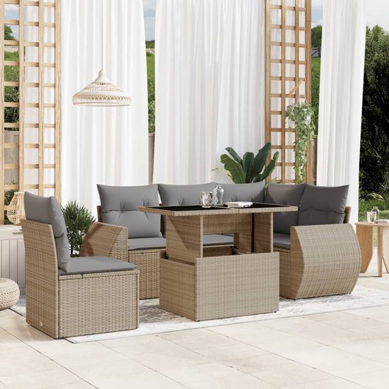vidaXL - 6 pièces - Ensemble de salon - avec - coussins - poly - rotin - beige