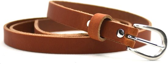 Smal bruin lederen riempje met zilverkleurige gesp.