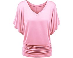 ASTRADAVI Damesmode - Top - Elegant V-hals shirt met vleermuismouwen - Batwing Blouse met met elastische zijkanten - Lichtroze / X-Large