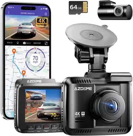 AZDome GS63H Pro 2CH dashcam voor auto - Voor en achter camera - Night vision - Loop recording - 4K resolutie - Wifi - Gps - Parkeermodus - 2.4 inch display - dashcam voor auto