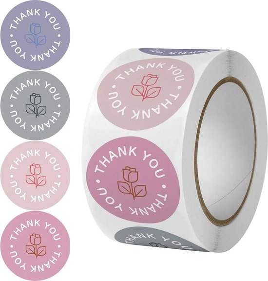 Rouleau d'autocollants ronds 'Thank You' de 2,5cm. Différentes couleurs pastel avec fleur et texte.