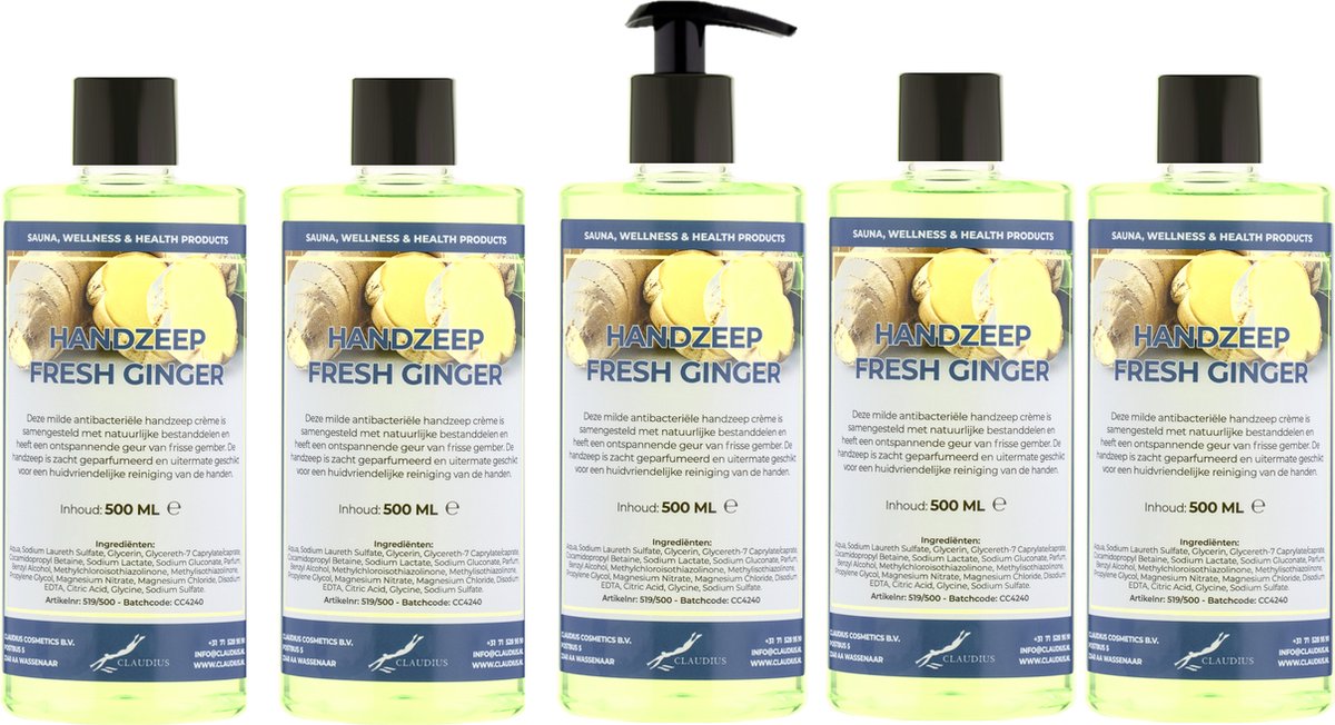 Goedkoopste Handzeep Fresh Ginger 500 ml - met gratis pompje - set van 5 stuks - Voordeelverpakking