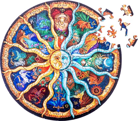 Ronde puzzel "Mysterious Moon" met losse puzzelstukken die worden toegevoegd aan het ontwerp van de dierenriem.