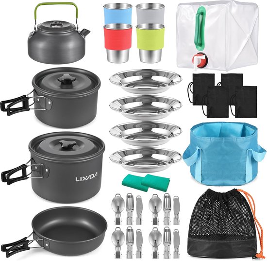 LifeStages® Draagbaar campingkookgerei, pannenset, campingkookgerei, serviesset voor 2-3 personen, met vouwlepel, vork, cutter cup, campingkookgerei, voor wandelen, outdoor, BBQ, picknick