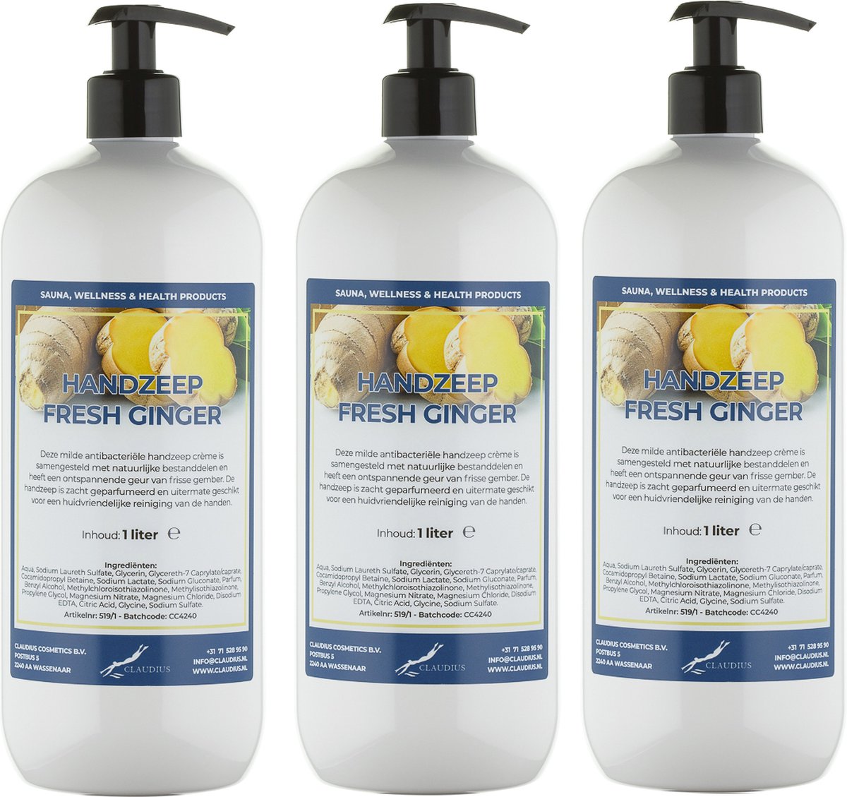 Goedkoopste Handzeep Fresh Ginger 1 liter - met gratis pomp - set van 3 stuks