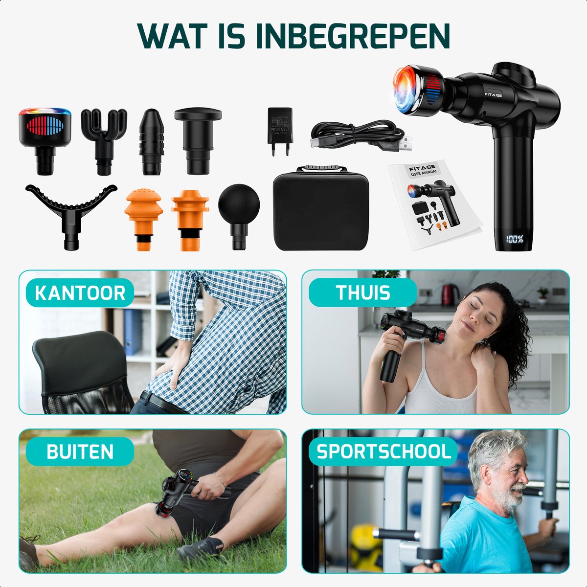 Afbeelding 3 van FITAGE Massage Gun Warm & Koud - 8 Opzetstukken - Professioneel Massage Apparaat - Massage Pistool 20 Standen - Massageapparaat - Massagegun