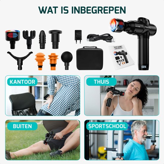 FITAGE massagepistool met accessoires, oplaadkabel, adapter en handleiding. Toont gebruik in kantoor, thuis, buiten en sportschool.