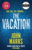 Boekomslag van 'The Vacation' van John Marrs, met de titel in witte letters op een blauwe zwembadachtergrond. Geciteerd als 'shortlisted 2022 Wilbur Smith Adventure Writing Prize'.