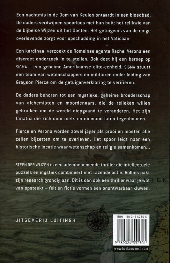 Boekcover met de titel "Steen Der Wijzen" en tekst over een thriller van James Rollins.