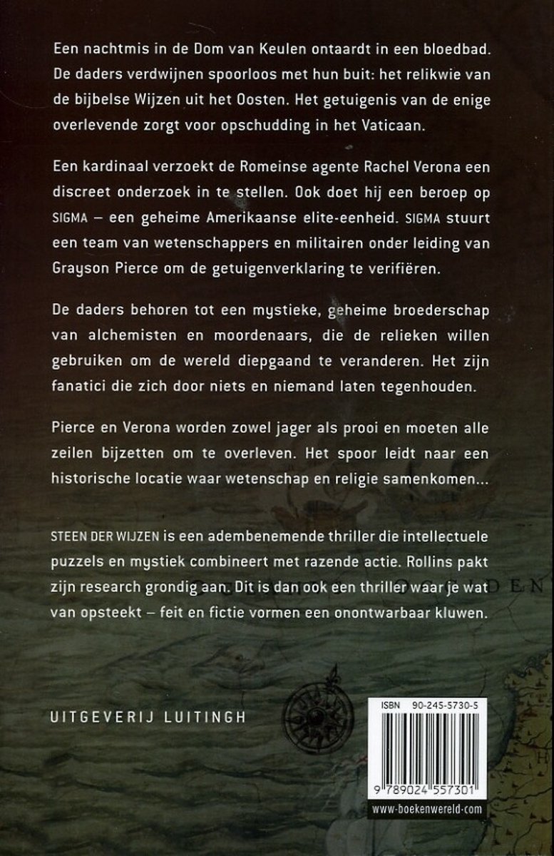 Boekcover met de titel "Steen Der Wijzen" en tekst over een thriller van James Rollins.