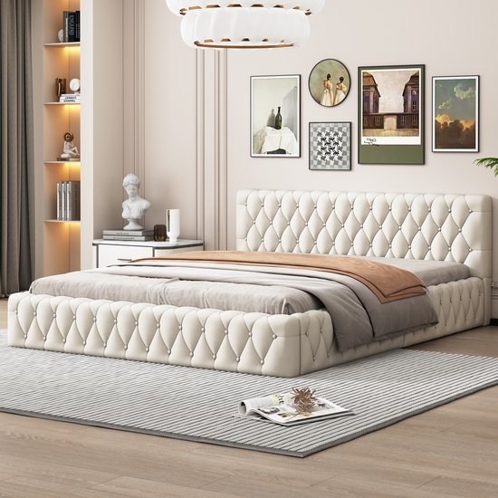 Foto: Sweiko gestoffeerd bed tweepersoonsbed 140 x 200 cm gemaakt van huidvriendelijk velours beige