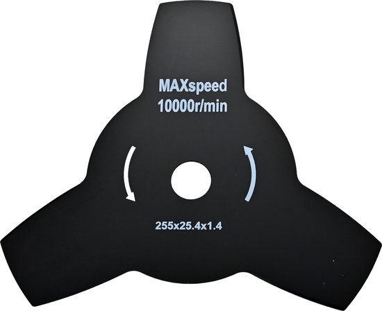 Zwart 3-tands mes met specificaties: MAXspeed 10000r/min en afmetingen 255x25.4x1.4.