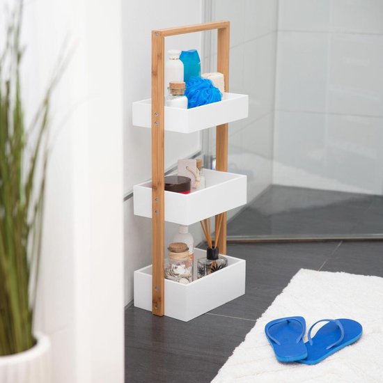 Samenstelling Haringen Fonetiek Relaxdays badkamerrek klein - houten rek met 3 manden - wit - vrijstaand -  badkamer rek | bol.com