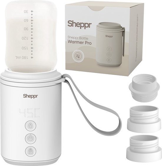 Sheppr® Flessenwarmer onderweg – Flessenwarmers – Draagbare flessenwarmer – 11.400 mAh – Incl. 3 adapters - Oplaadbaar - O.a. AVENT Philips, Dr. Brown, Difrax, Madela, Chicco & Nanobebe - Flesverwamer - 4 Temperatuurstanden – Draadloos – Wit