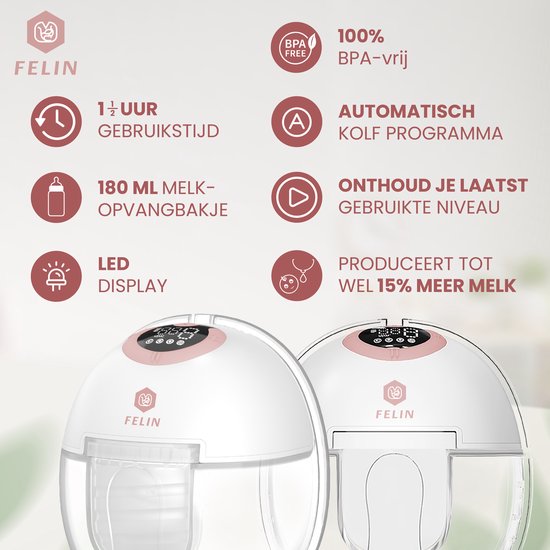 Felin Handsfree Borstkolf V2 - Elektrische Dubbele Draadloze Borstkolf - Inclusief 100 Moedermelk Bewaarzakjes - 3 Maten Borstschildverkleiners - E-book van Felin — afbeelding 4