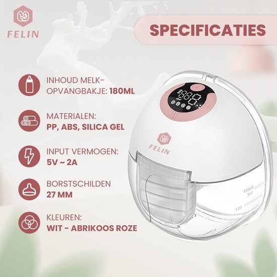 Felin Handsfree Borstkolf V2 - Elektrische Dubbele Draadloze Borstkolf - Inclusief 100 Moedermelk Bewaarzakjes - 3 Maten Borstschildverkleiners - E-book van Felin — afbeelding 3