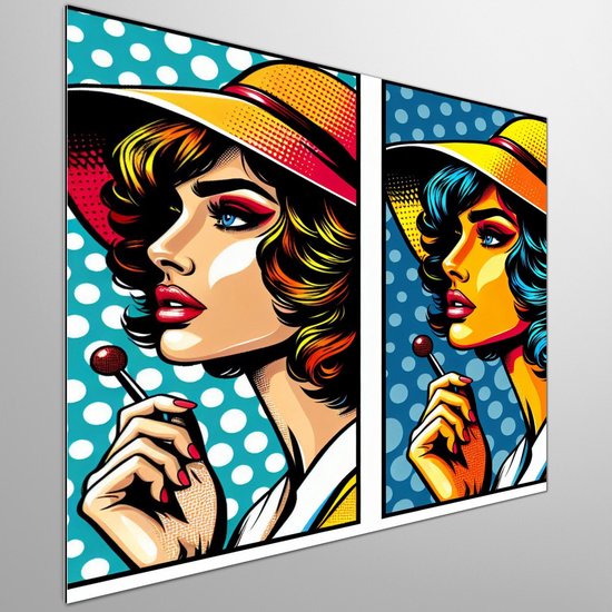Pop art vrouw schilderij | Kleurrijke diva: een moderne interpretatie van Pop Art vrouwelijke schoonheid | Kunst - 40x40 centimeter op Dibond | Foto op Dibond