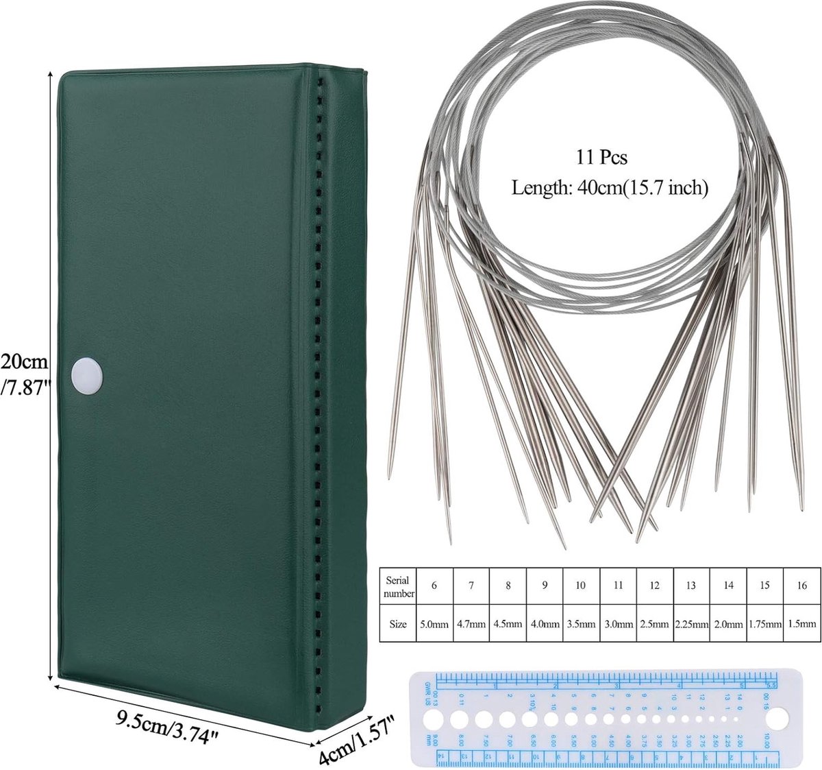 Rondbreinaalden Set 40cm Metalen rondbreinaalden Set met Case en Naaldmeter Korte rondbreinaald voor beginners Ronde breinaalden voor sokken mouwen halslijnen of klein project