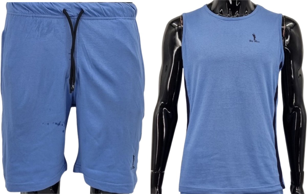 Hitman – Korte Broek Heren - 100% Katoen - 2 Delige Set - Korte Broek met Ritszakken - Sportkleding Heren - Huispak Heren - 1 x Korte Broek en 1 x Heren Hemd - Licht Blauw – Maat M