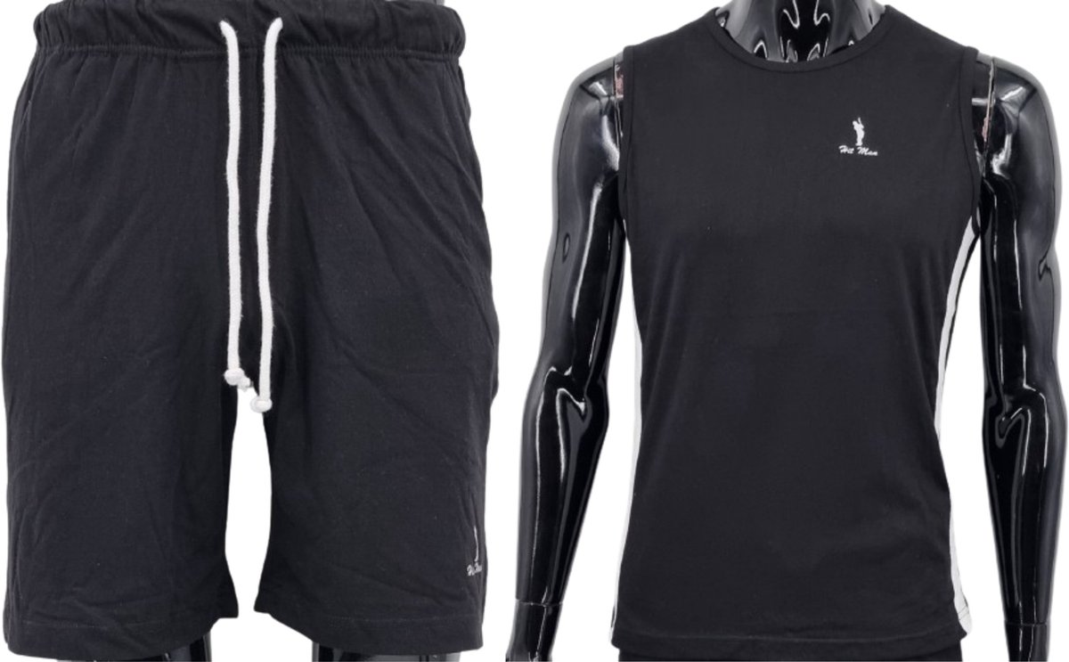 Hitman – Korte Broek Heren - 100% Katoen - 2 Delige Set - Korte Broek met Ritszakken - Sportkleding Heren - Huispak Heren - 1 x Korte Broek en 1 x Heren Hemd - Zwart - Maat M