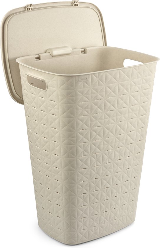Beige Curver Softex wasmand met deksel, met een ruitenpatroon en handgrepen.