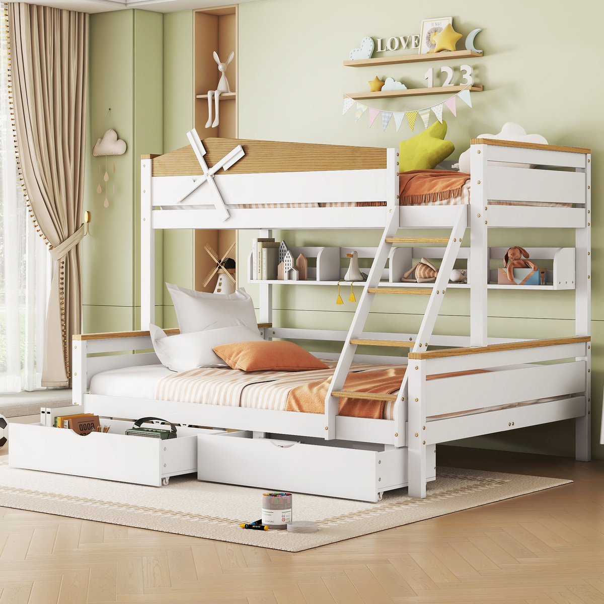 Sweiko Stapelbed met Windmolen, met Planken, Kinderbed, met Kleurcontrasterende Valbeveiliging Grille, met Viertraps schuine glijbaan en lades, Dennen en MDF, Wit en Nature, 90x200cm&140x200cm Wit en natuurlijk