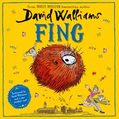 Boekcover met de titel FING, van David Walliams. Een groot, harig, rood monster met een oog staat centraal. Meisjes en snoepjes vliegen rond.