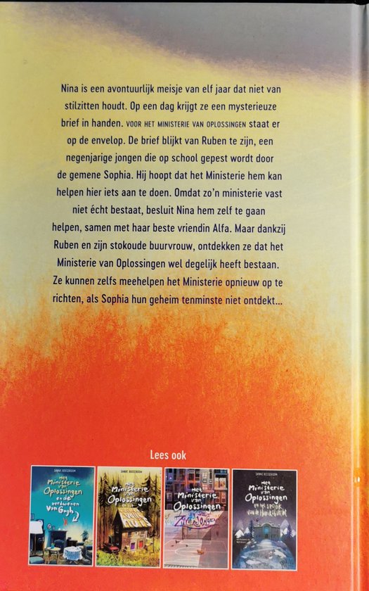 Boekkaften met de titel 'Het Ministerie van Oplossingen' en illustraties van gebouwen.