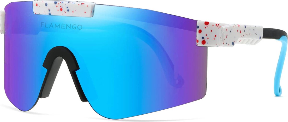 Flamengo® Sport Zonnebril - Viper Glasses - Fietsbril - Wielrenbril - Hardloopbril - Festival Rave Space Bril - TR90 Frame + TAC Lens - Wintersport Ski - UV400 Gepolariseerd - Blauw Wit