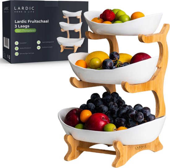 Foto: Lardic fruitschaal 3 laags serveertoren fruit etag re fruitmand keramiek groentemand bamboe hout opberger porselein wit