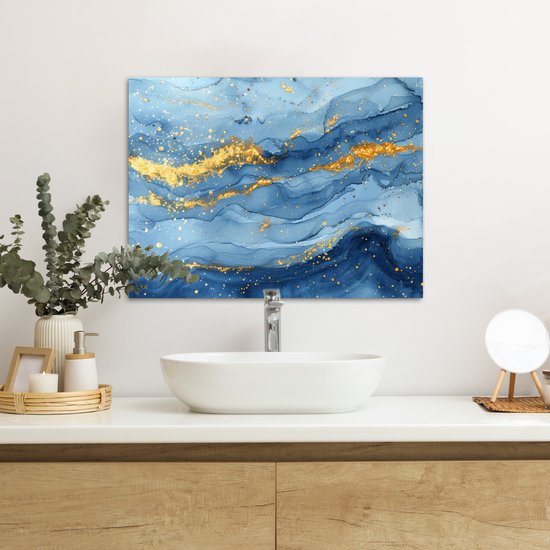 Peinture sur toile 70x50 cm - Décoration murale salle de bain Aquarelle - Blauw - Art - Or - Luxe - Moderne - Décoration murale WC - Accessoires décoratifs - Décoration murale Toilettes - Peintures sur toile