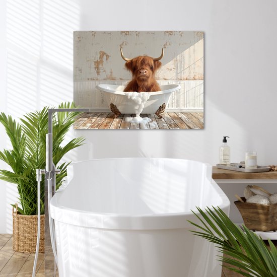 Peinture sur toile 80x60 cm - Décoration murale salle de bain Highlander écossais - Baignoire - Vintage - Vache - Décoration murale murale WC - Accessoires décoratifs - Décoration murale Toilettes - Peintures sur toile