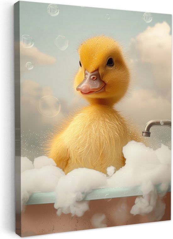 Peinture sur toile 60x80 cm - Décoration murale salle de bain Poussin - Canard - Bain - Mousse - Animaux - Décoration murale WC - Accessoires décoratifs - Décoration murale Toilettes - Peintures sur toile