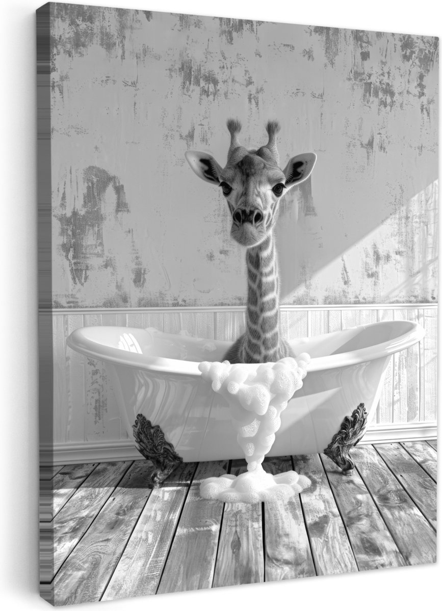 Canvas schilderij 50x70 cm - Wanddecoratie badkamer Giraffe - Dier - Badkuip - Vintage - Z
