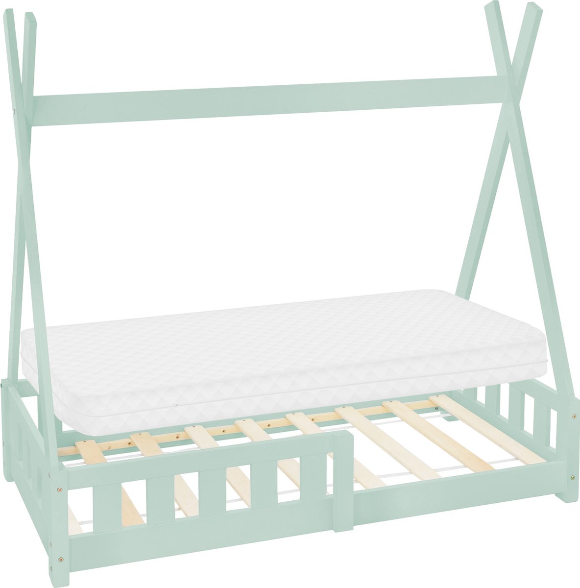 ml-design tipi-serie kinderbed 70x140 cm mint met koudschuimmatras lattenbodem en valbeveiliging massief grenen houten huisbed in Indianenstijl met hek geschikt voor meisjes en jongens speelbed en vloerbed in tentvorm voor de kinderkamer Groen