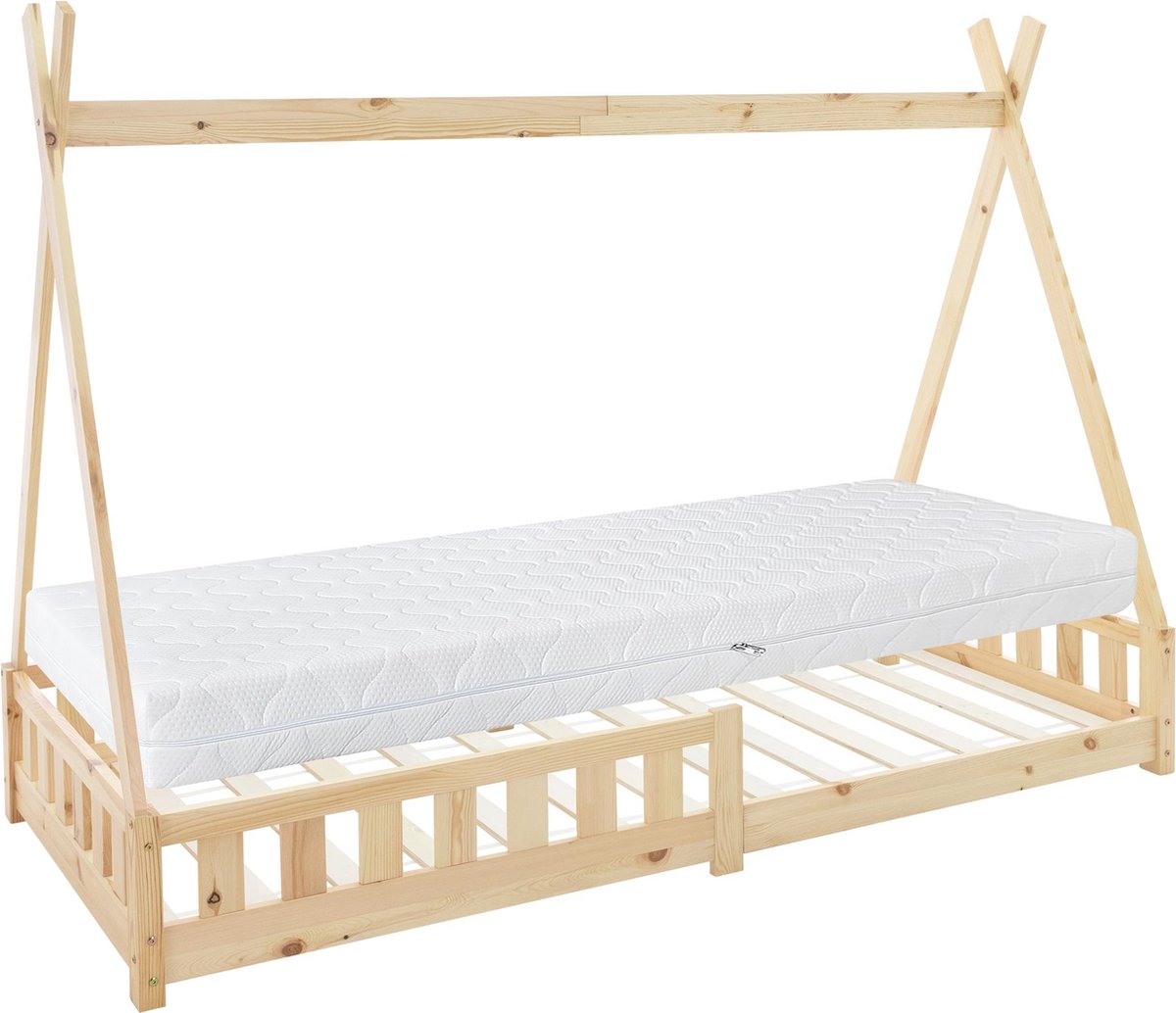 ml-design tipi-serie kinderbed 90x200 cm naturel met koudschuimmatras H:16cm lattenbodem en valbeveiliging massief grenen houten huisbed in Indianenstijl met hek geschikt voor meisjes en jongens speelbed en vloerbed in tentvorm voor de kinderkamer