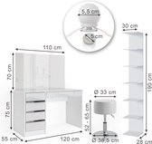 Vicco Coiffeuse Sherry, Wit/ Wit, 4 parties, avec étagère de rangement, miroir, tabouret, LED