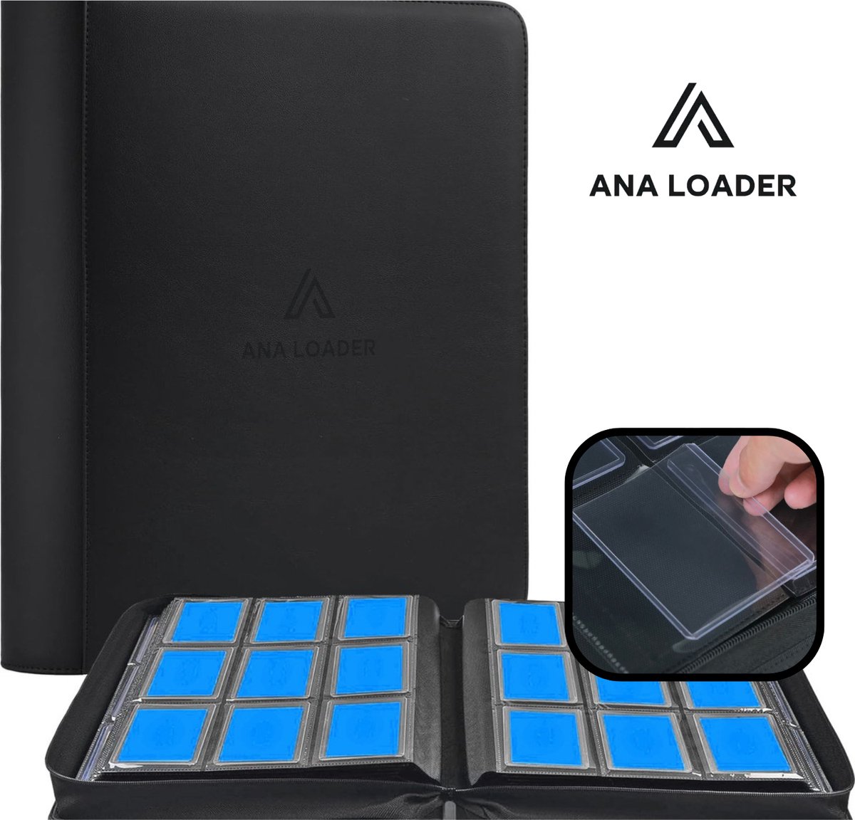 Ana Premium Toploader Binder Zwart - Geschikt voor 288 kaarten - Trading cards verzamelmap met rits sluiting - Toploader map - Top loader map geschikt voor Trading cards - 9 Pocket Toploader Binder