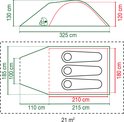 Technische tekening van een Coleman tent met afmetingen in cm en slaapcapaciteit.