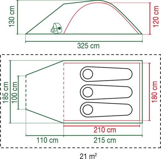 Technische tekening van een Coleman tent met afmetingen in cm en slaapcapaciteit.
