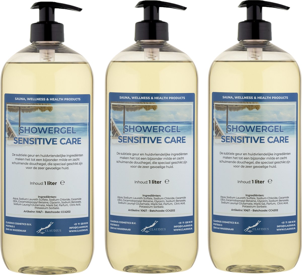 Goedkoopste Douchegel Sensitive Care 1 liter - set van 3 stuks - met gratis pomp - Showergel