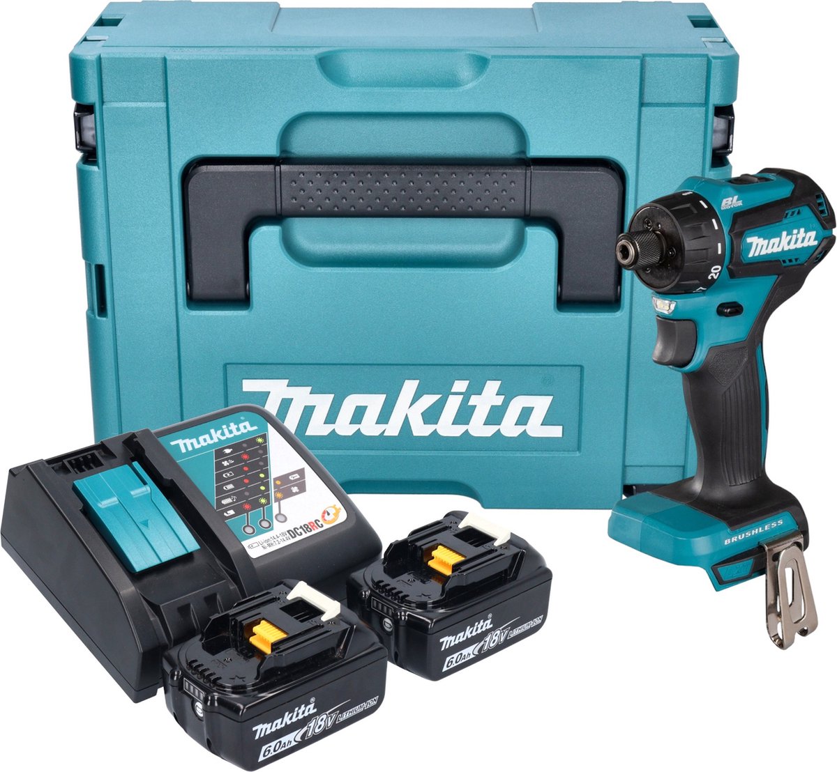 Makita DDF 083 RGJ accuboormachine 18 V 40 Nm 1/4'' borstelloos + 2x accu 6.0 Ah + lader + Makpac