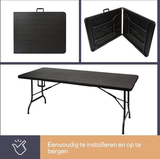 Zwarte, inklapbare tafel met metalen frame, in meerdere posities op te zetten.