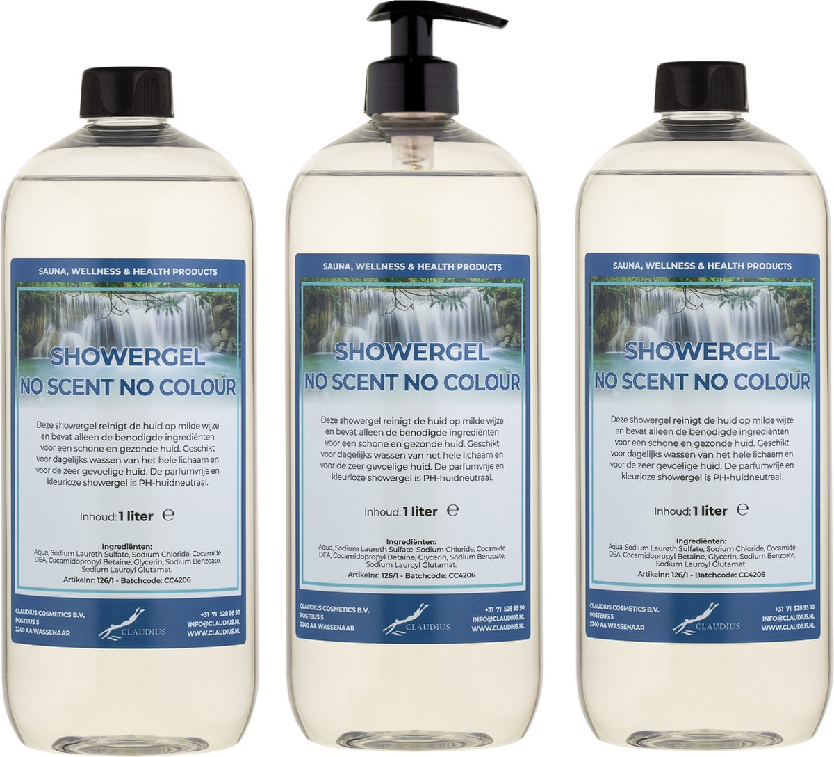 Goedkoopste Douchegel No Scent No Colour 1 liter - set van 3 stuks - met gratis pomp - Showergel