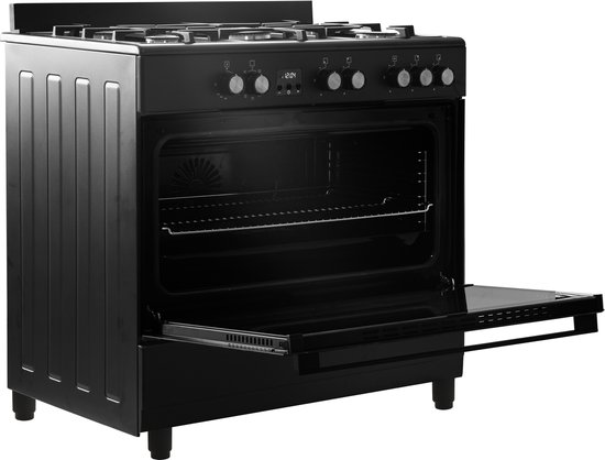 Everglades EVCK9020 - Gasfornuis - Mat Zwart - 90CM - 9 Ovenstanden - Gietijzeren Pannendragers - Wokbrander - Digitale Timer - 5 Jaar Garantie