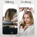 Lisseur et fer à boucler 2 en 1 : Une femme se lisse les cheveux avec le lisseur, une autre se boucle les cheveux avec l'appareil.