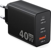 Sounix Universele USB-C adapter/oplader - USB Adapter - Stekker - GaN oplader - 40W Snellader - USB C Oplader - 3 Poorten - Zwart