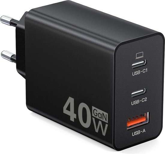 Sounix Universele USB-C adapter/oplader - USB Adapter - Stekker - GaN oplader - 40W Snellader - USB C Oplader - 3 Poorten - Zwart